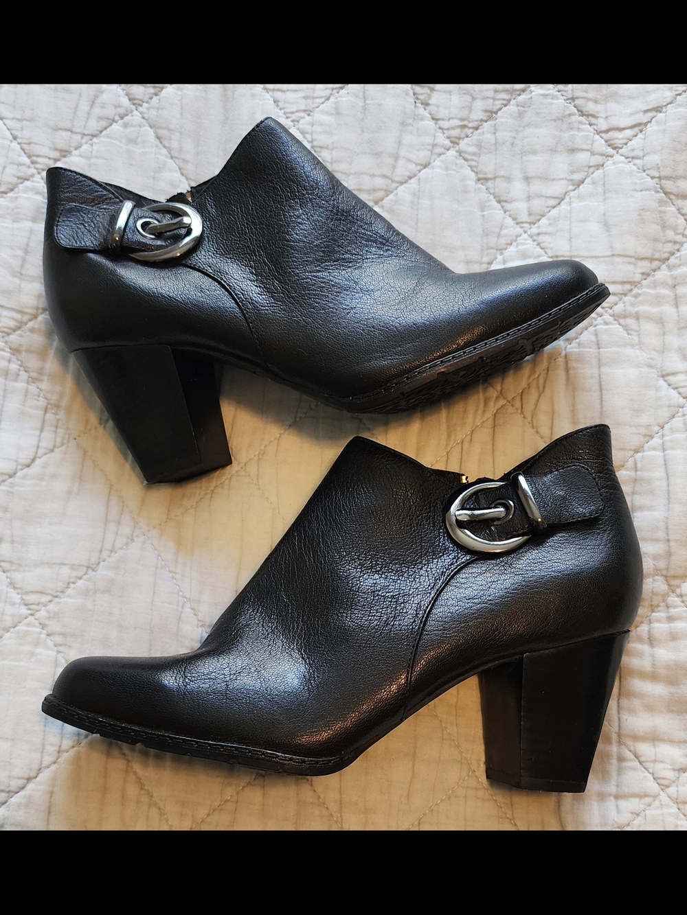 Clarks Black Leather Ankle Booties with Silver Buckle Detail